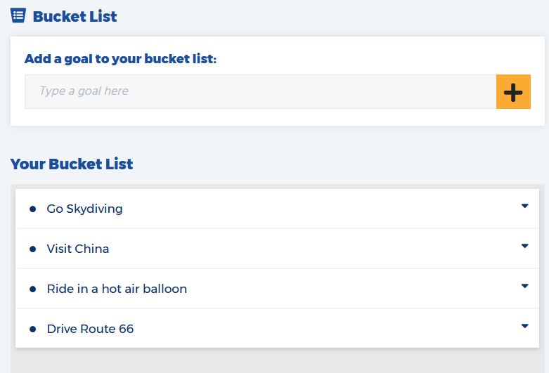 The main section on the Bucket List tool